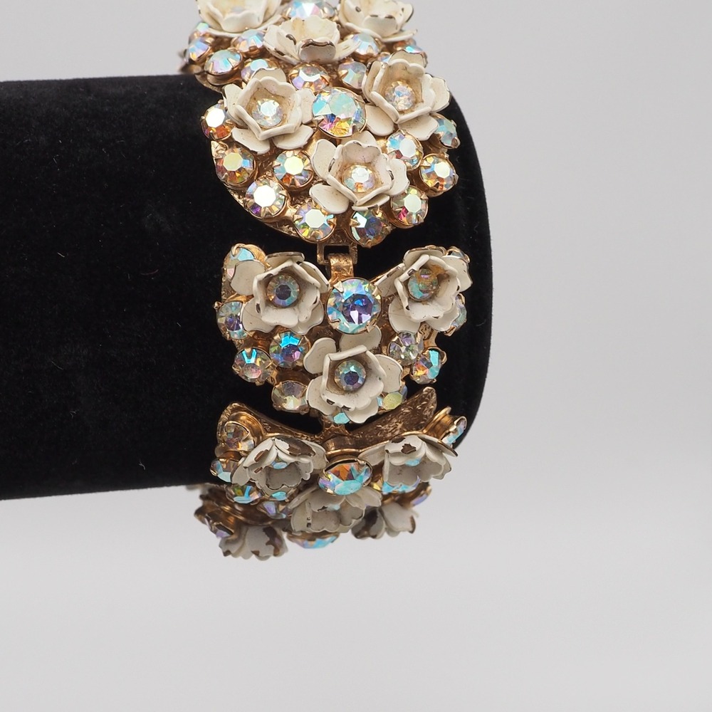 Leru Bracelet Aurora Borealis Rhinestone White Enamel Flower Gold Tone MCM Glam